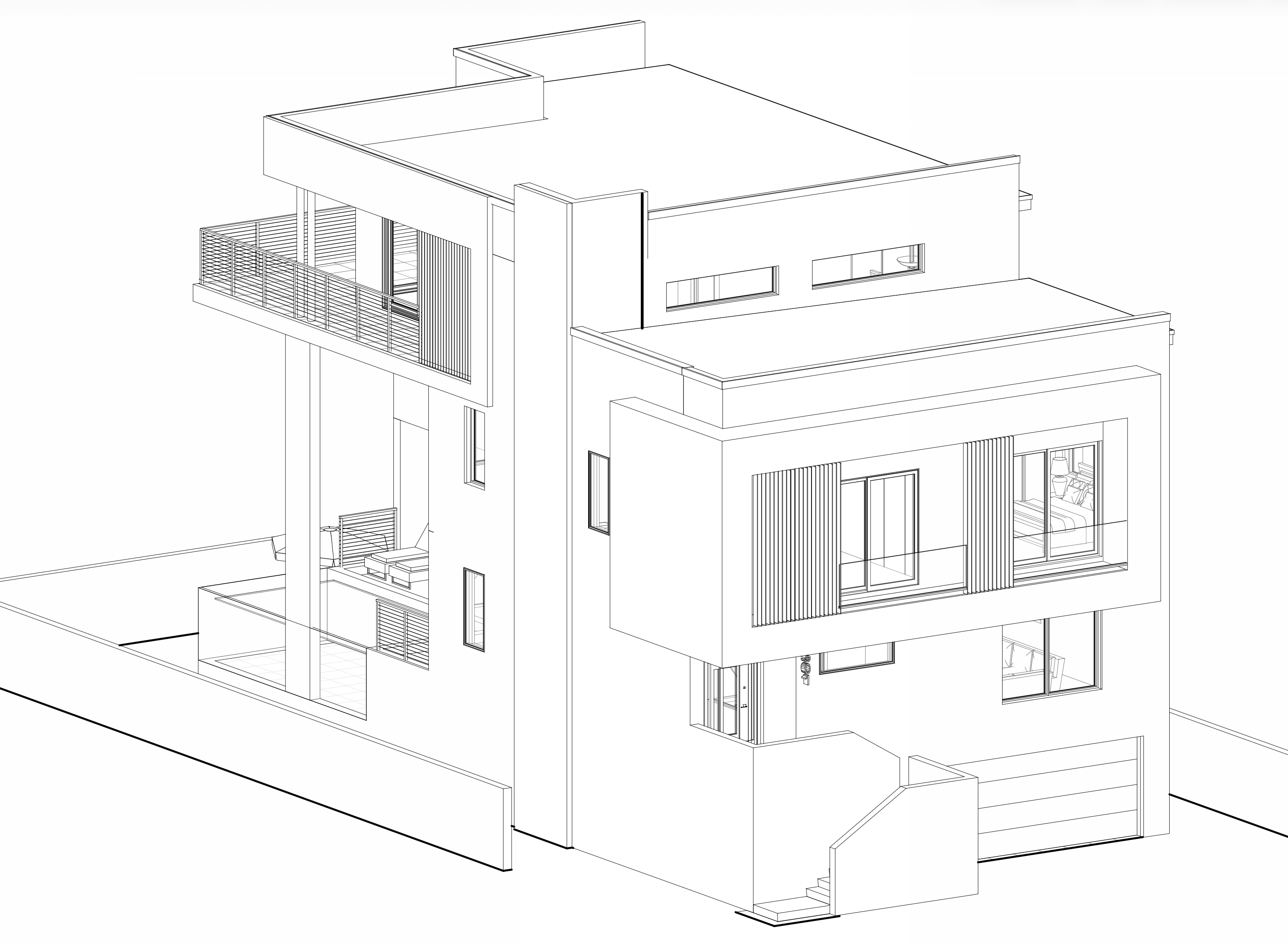 3D architectural rendering showing modern custom home with clean geometric forms and balconies