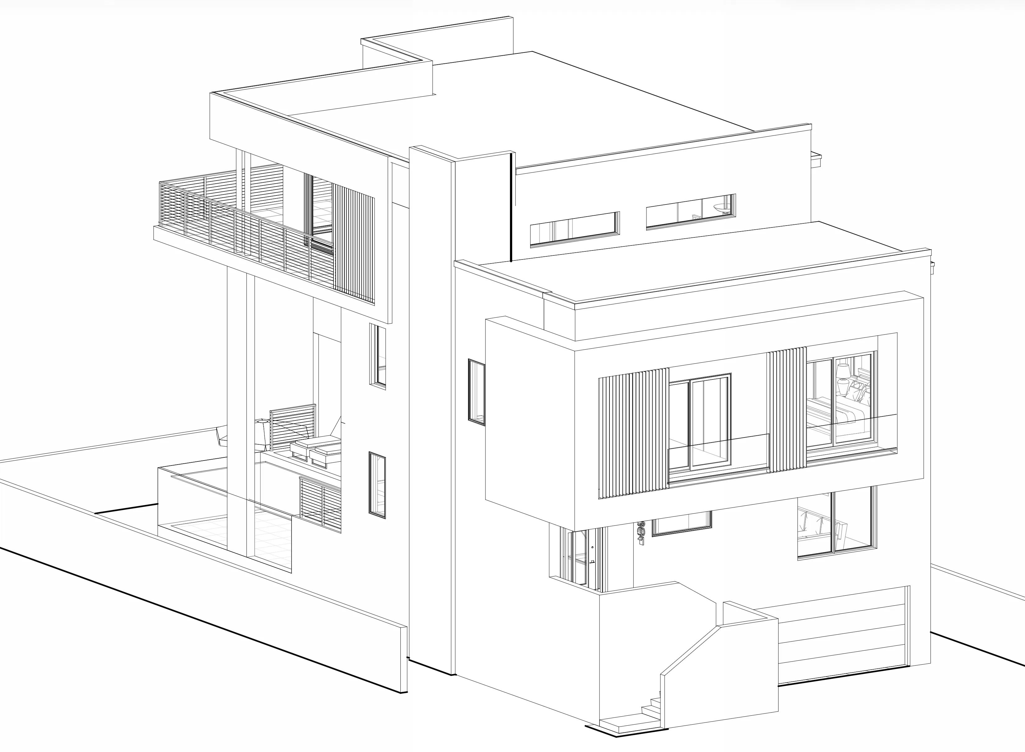 3D architectural rendering showing modern custom home with clean geometric forms and balconies