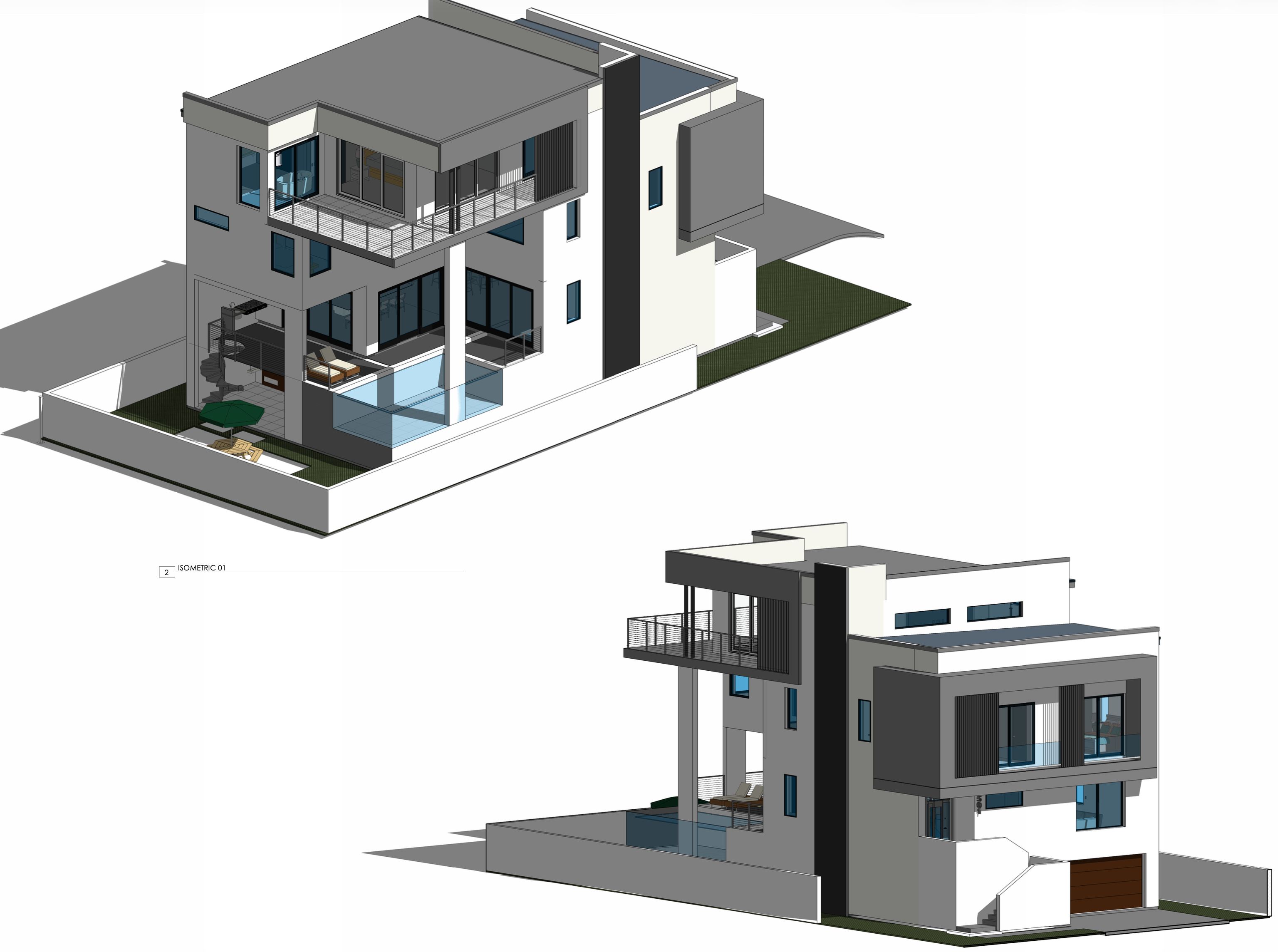 3D isometric architectural renderings showing modern custom home design from multiple angles
