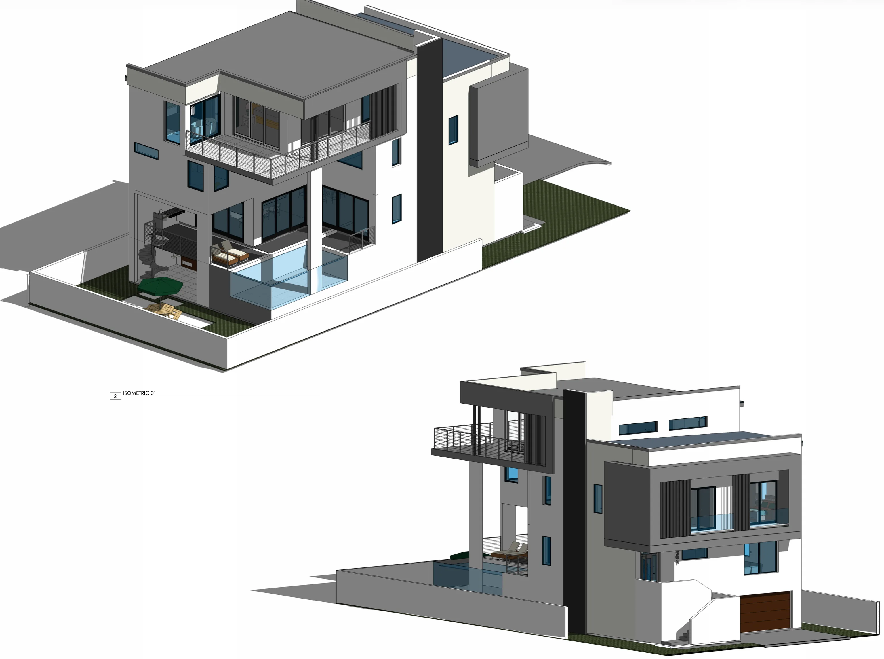 3D isometric architectural renderings showing modern custom home design from multiple angles
