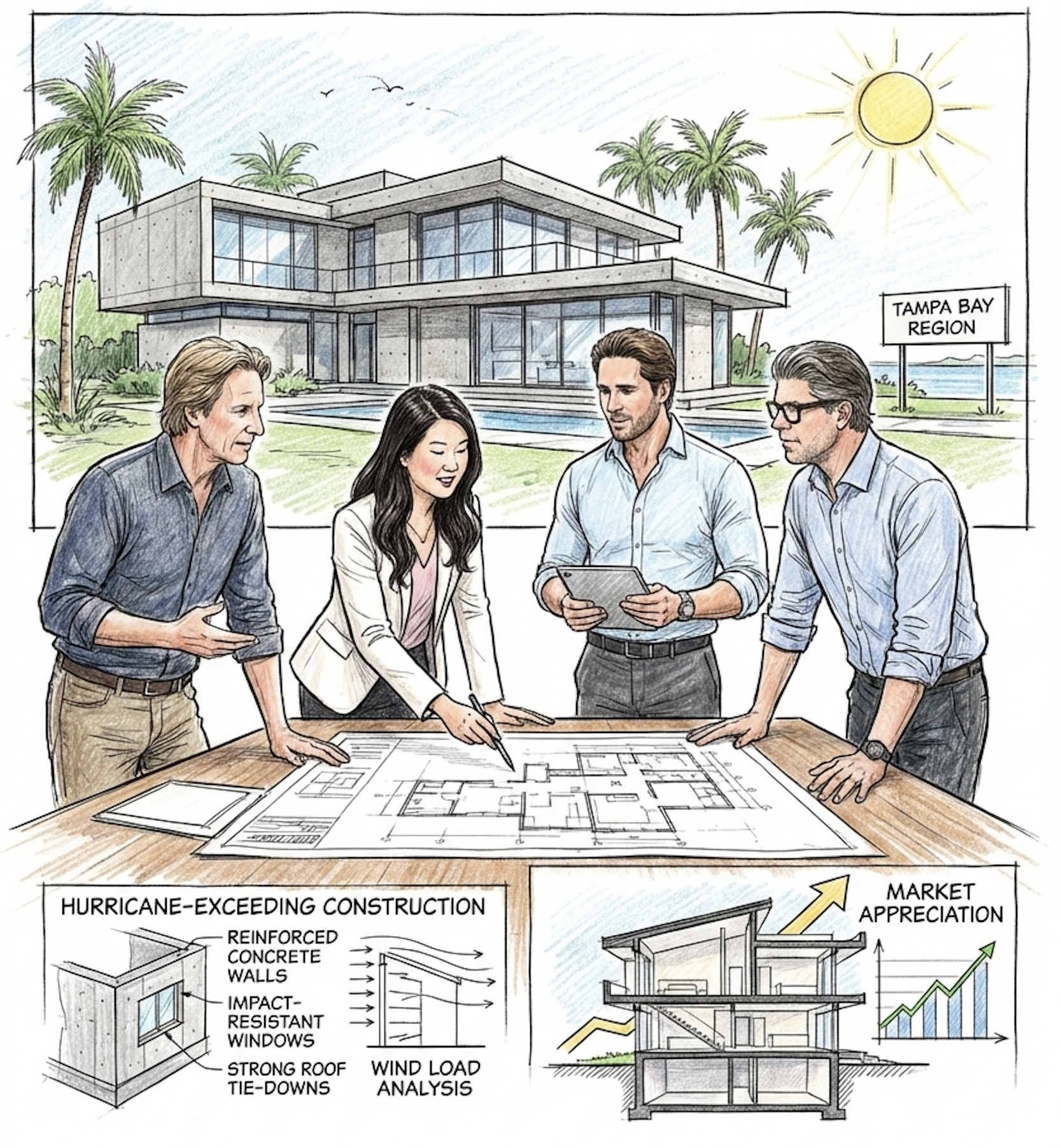 Architect-led design collaboration in Tampa Bay - team collaboration, hurricane-exceeding construction, market appreciation, modern home design