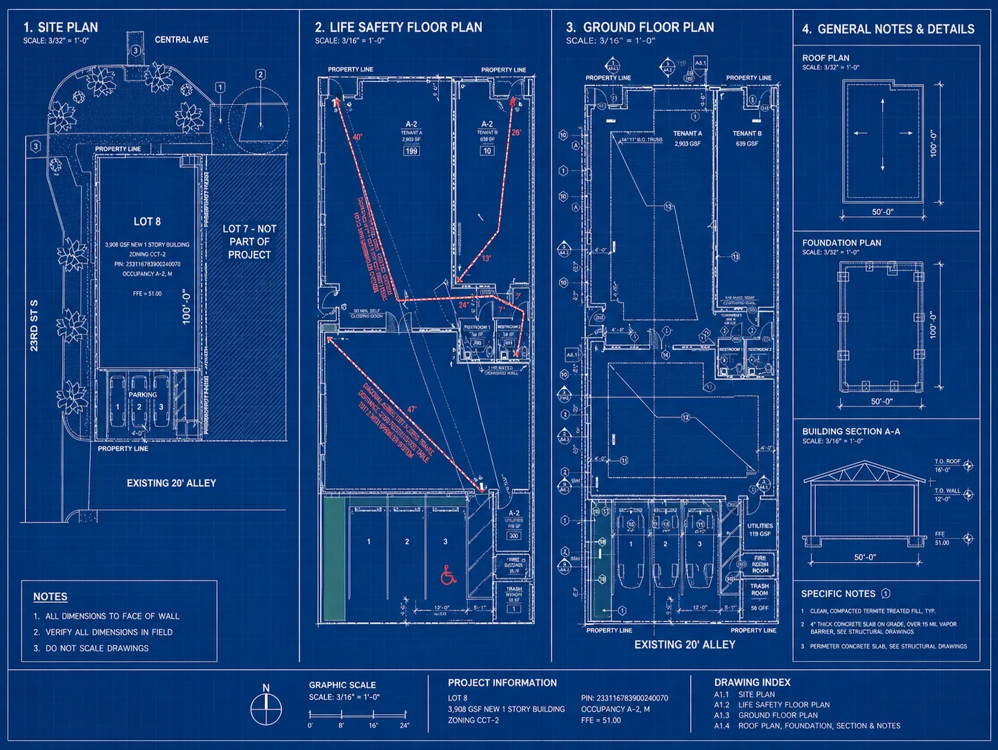 Grand Central Retail, architectural site plan, life safety plan, ground floor plan, and details
