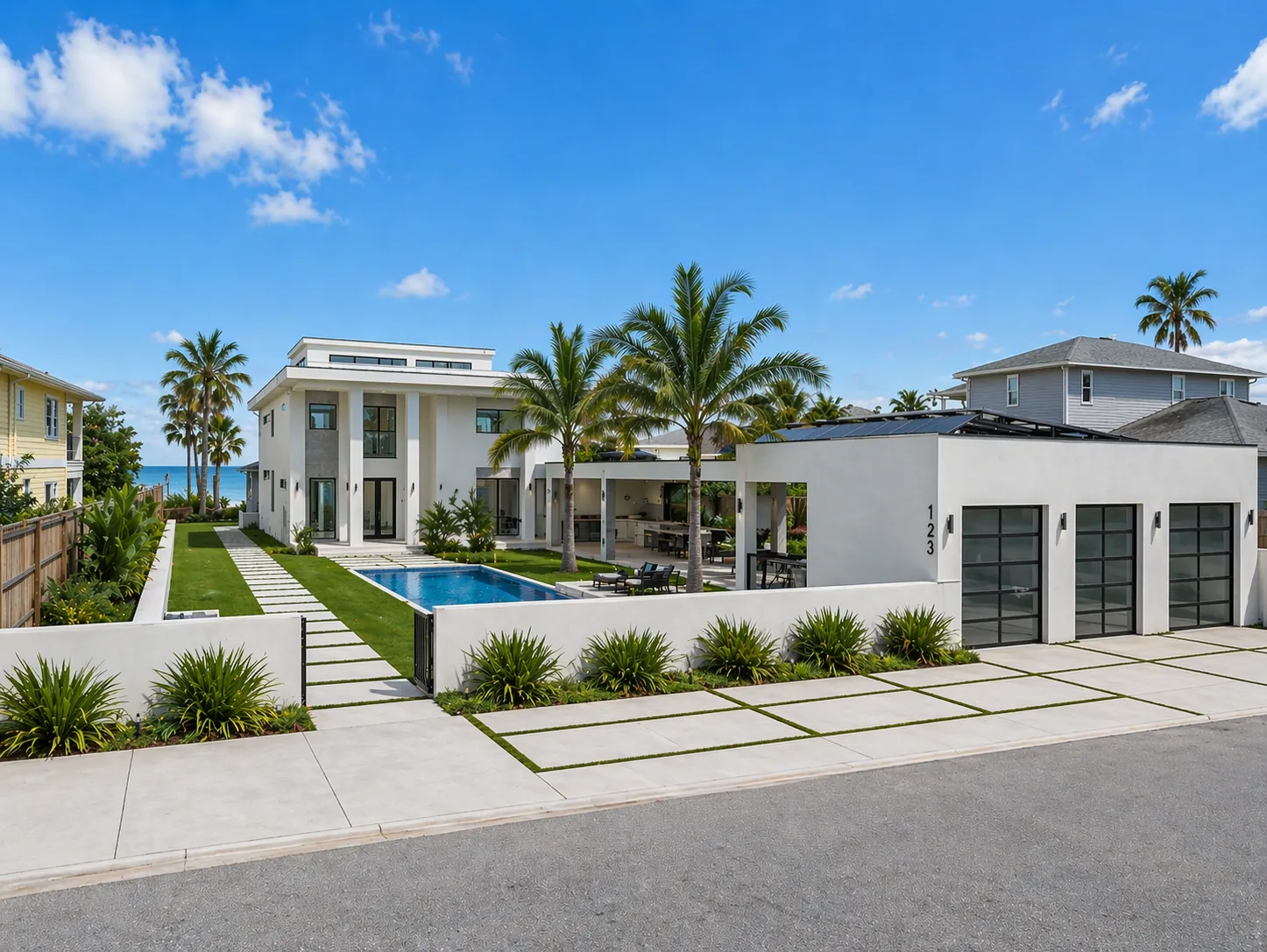 Contemporary Coastal Waterfront, rear elevation with pool and covered outdoor living