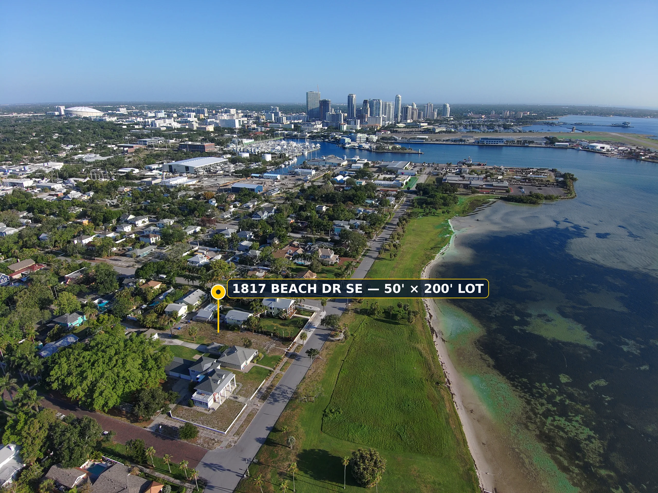 Contemporary Coastal Waterfront, aerial of the 50 by 200 foot homesite at 1817 Beach Dr SE overlooking Tampa Bay