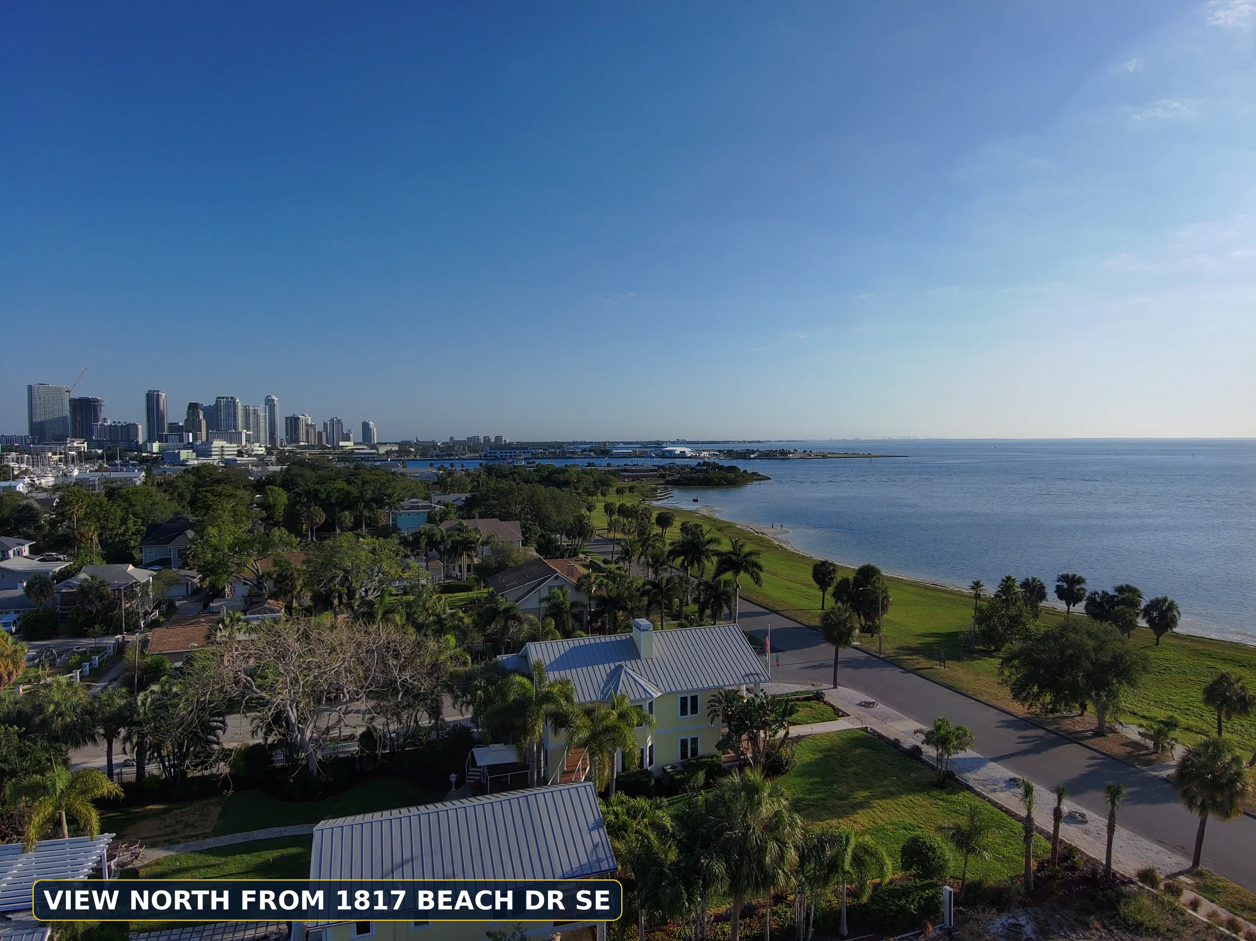 Contemporary Coastal Waterfront, elevated view north from 1817 Beach Dr SE toward downtown St. Petersburg and Tampa Bay