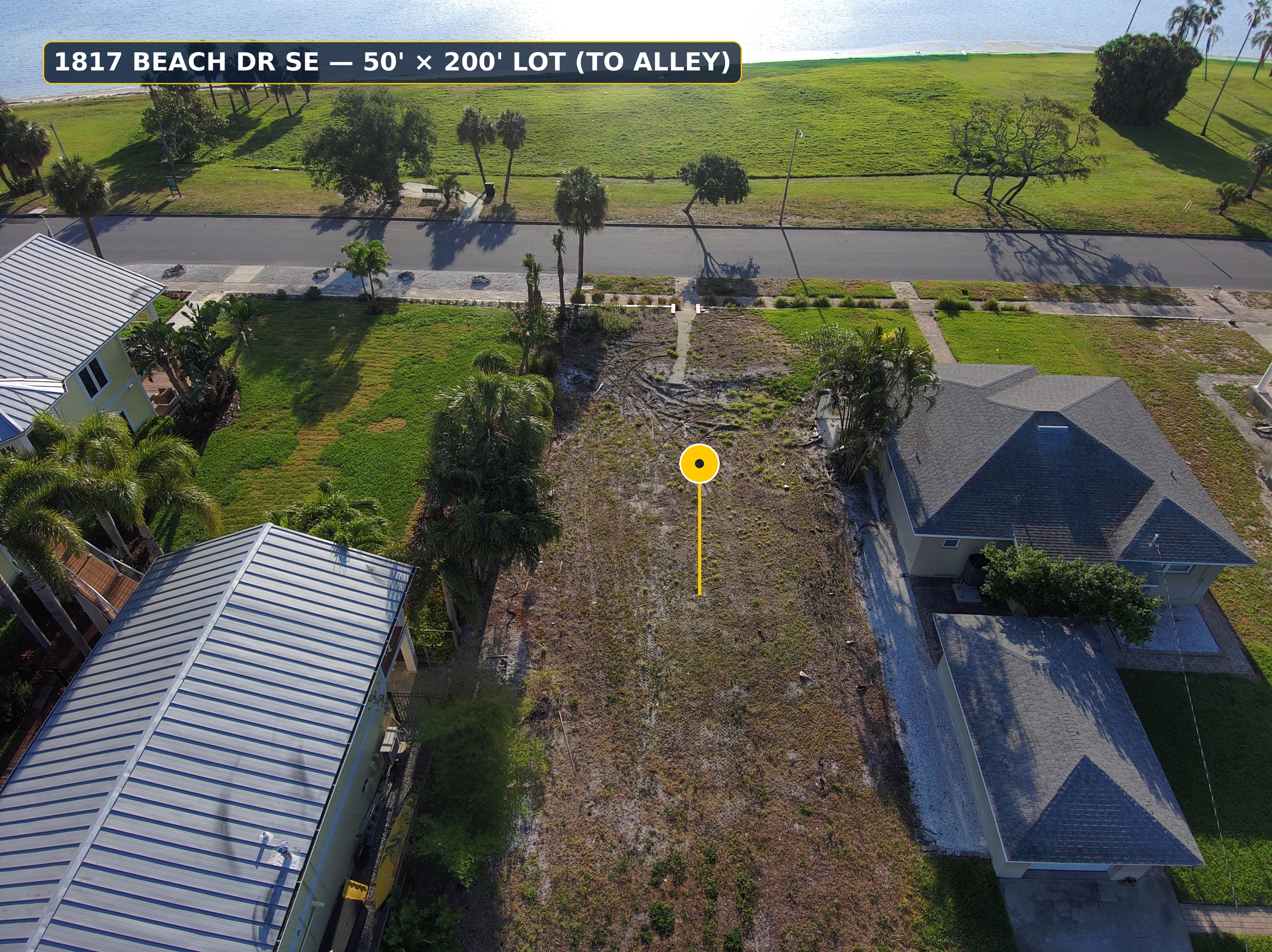 Contemporary Coastal Waterfront, overhead view of the 50 by 200 foot lot from Beach Dr SE to the alley