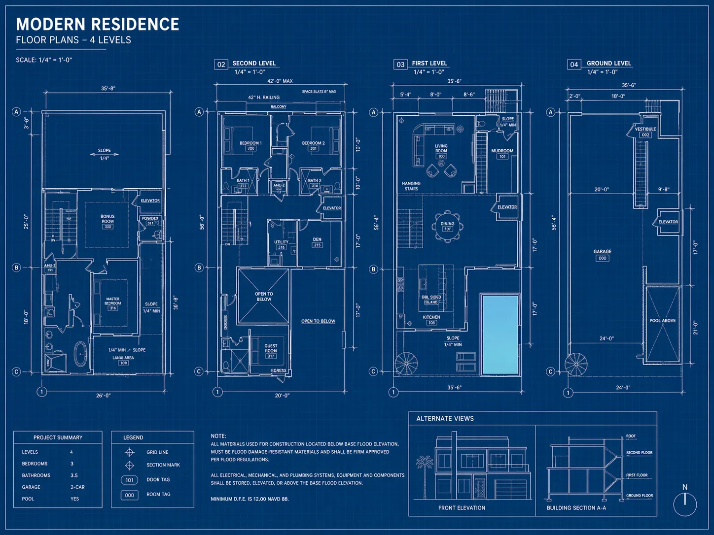 Davis Islands Elevated Waterfront Modern, multi-level floor plans