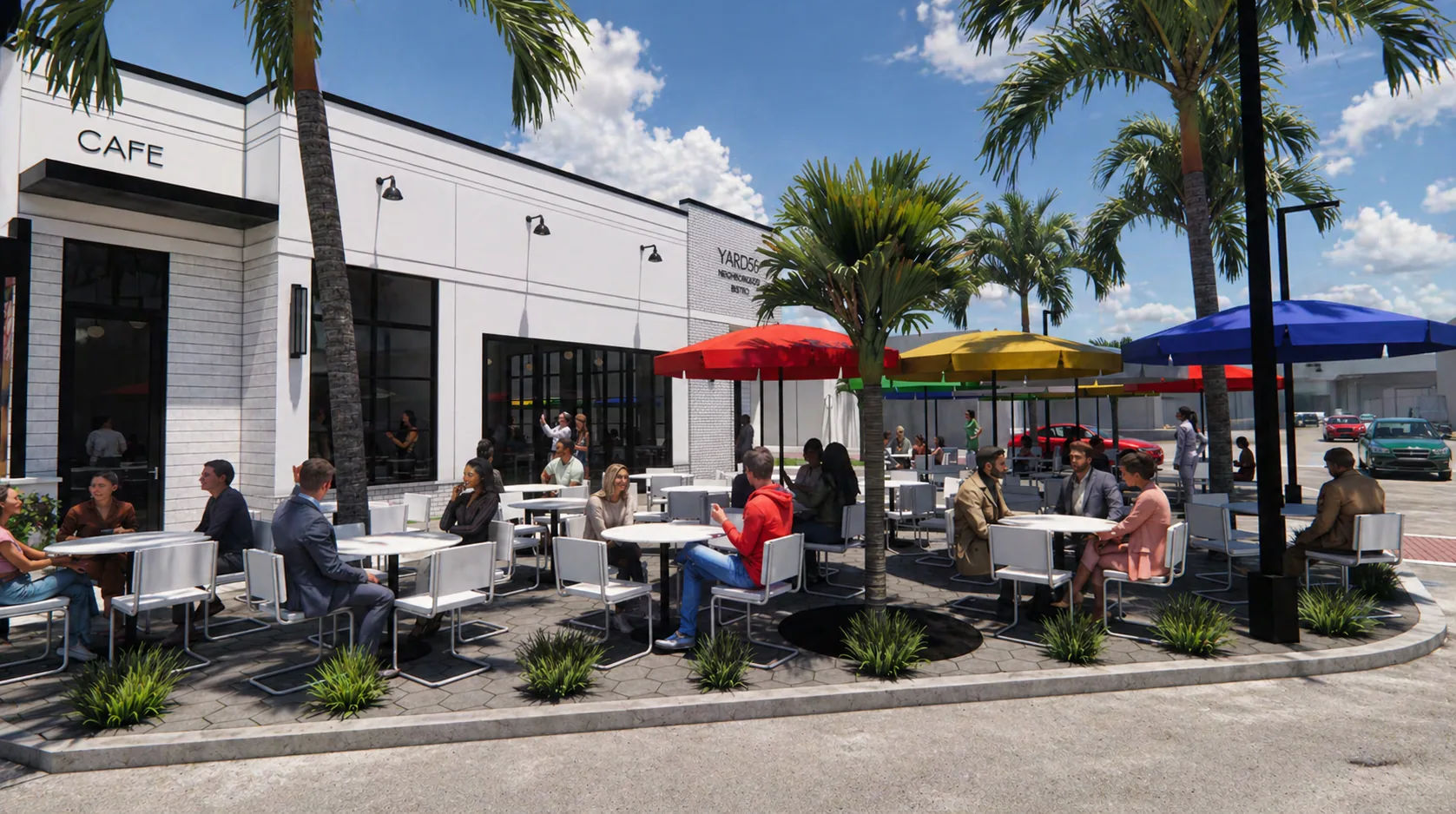 Grand Central Retail, outdoor cafe seating with YAROS Bistro and CAFE storefronts