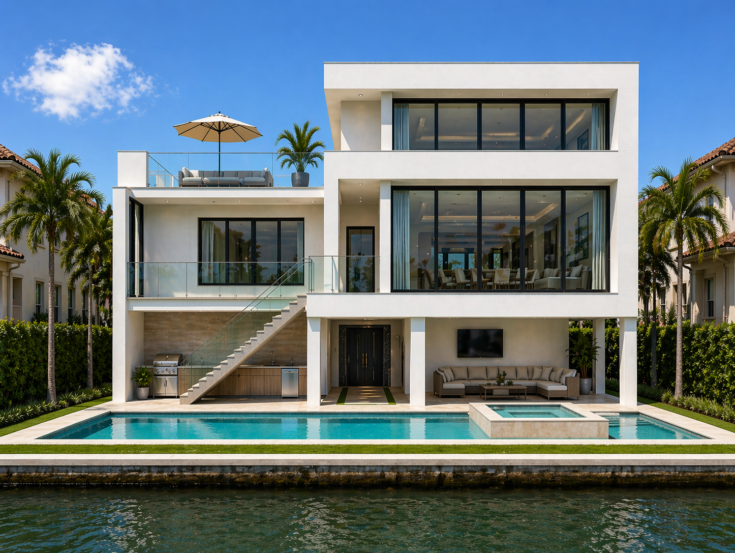 Madeira Coastal Modern — rear elevation with pool, spa, and covered outdoor living