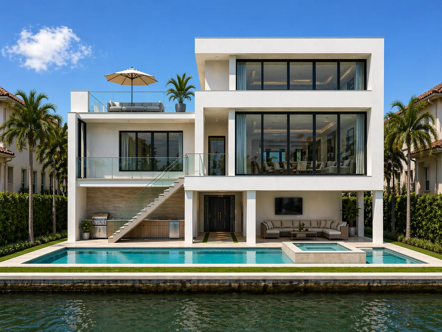 Madeira Coastal Modern, rear elevation with pool, spa, and covered outdoor living