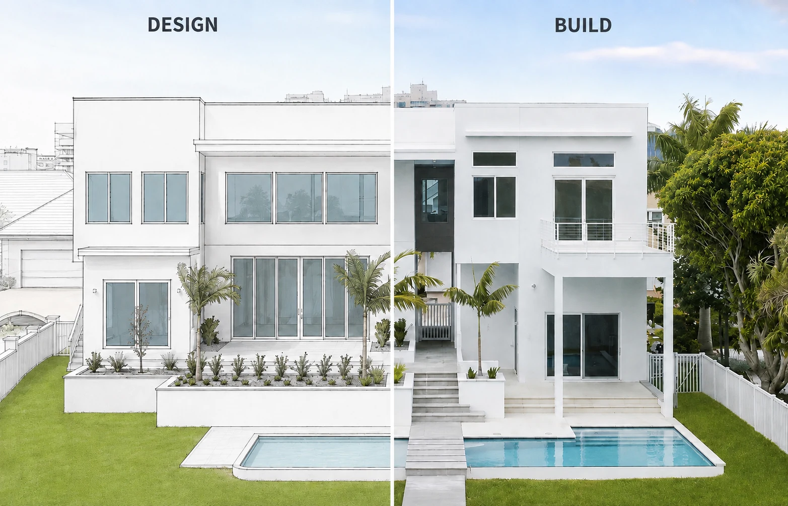 Design and build side by side: the same MTBH Studios home shown as a design rendering on the left and the finished construction on the right